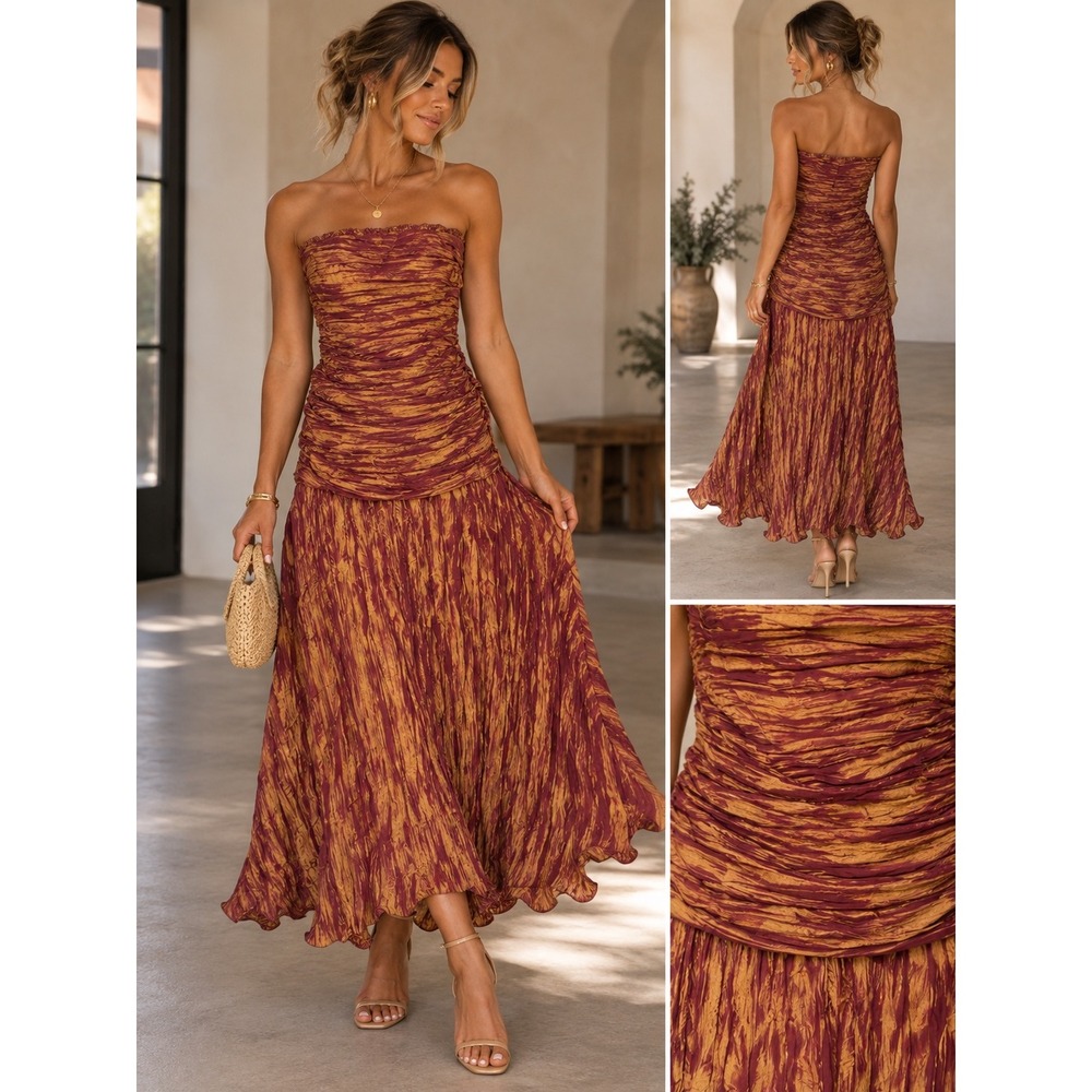 Bicici B771B Strapless Ruched Beaded Maxi Gown Burgundy Gold Metallic Size M